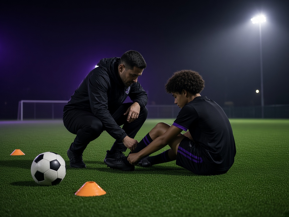 A coach helping a player during a night training session
